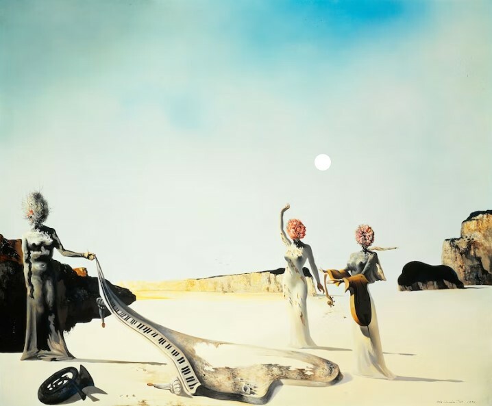 A surrealist painting of three women in a desert environment with instruments