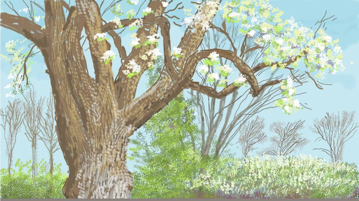 Pixelated digital painting of a blossoming tree against greenery and a blue sky.